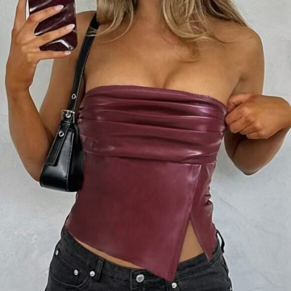 Tops - New Women Leather Top Fashionable Ruched Asymmetric Hem Tube Top, Suitabl